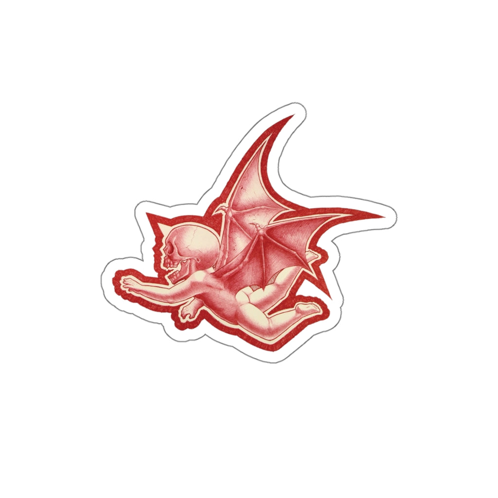 A mock up of my original design Aourim © as a sticker in Red monochrome with a white boarder of a winged creature with a skull on a white background