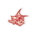 A mock up of my original design Aourim © as a sticker in Red monochrome with a white boarder of a winged creature with a skull on a white background