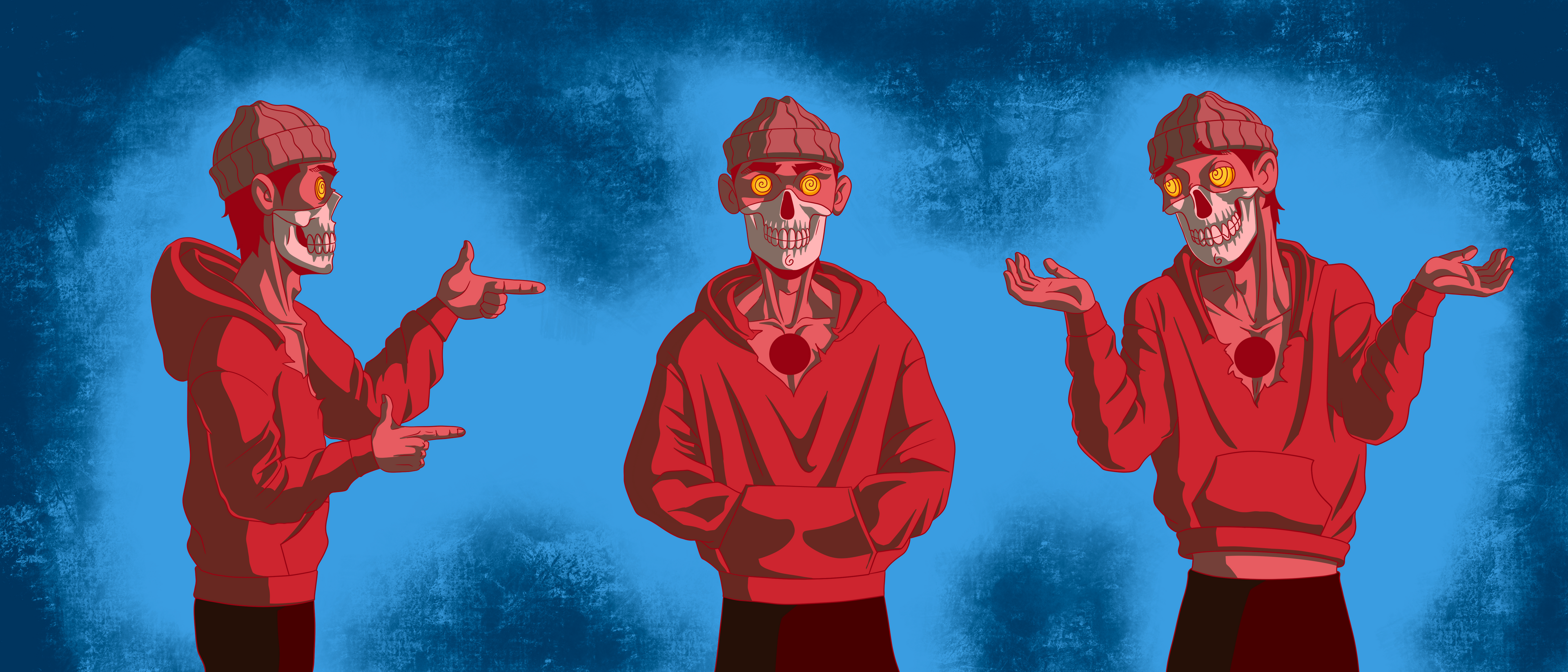 Digital artwork made for the home page banner depicting my original character 'Walker' in three different poses in a red monochrome color palette with a blue background and swirling yellow eyes Interacting with each other.